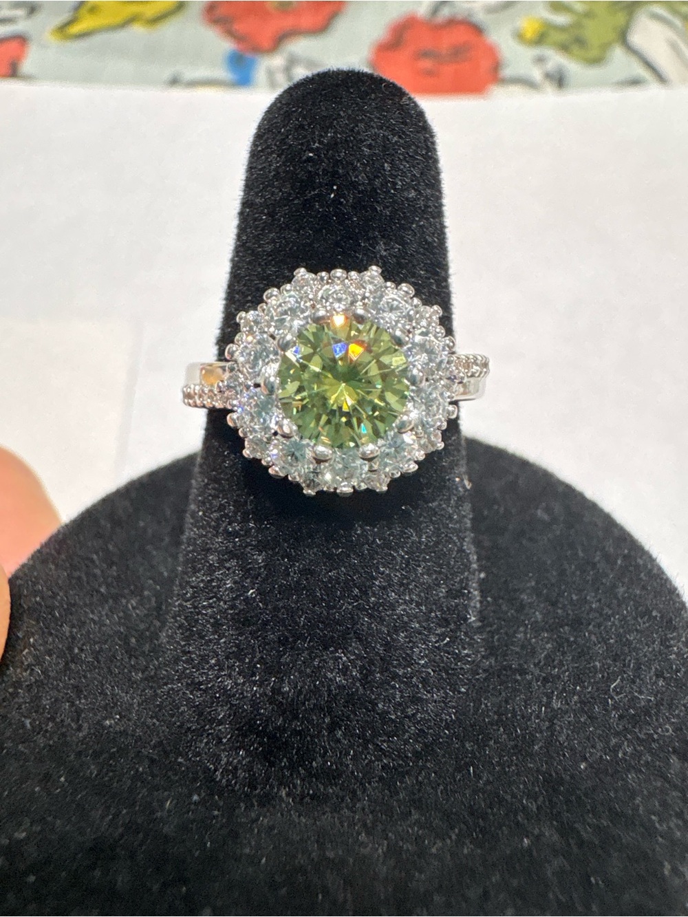 Green Moissanits Halo Cocktail Ring with Clear Accents - Women Jewelry